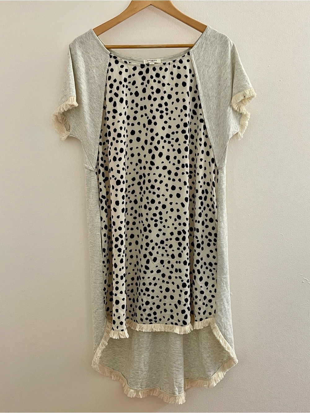 Umgee L Animal Print Fringe High Low Boho Dress Gray